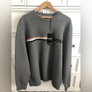 BOSS Grey Crewneck Sweatshirt with Tan, White & Black Stripes